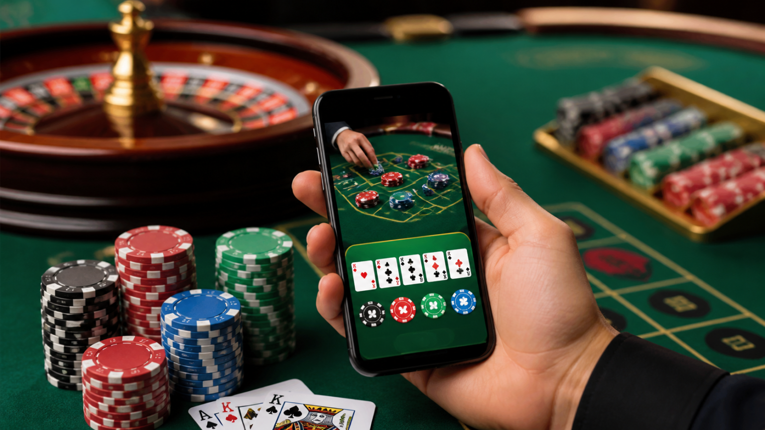 Casino betting scene with smartphone showing online betting