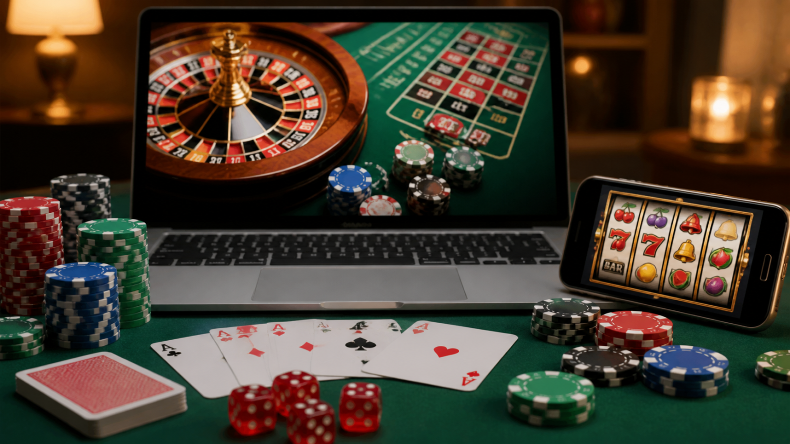 Online casino gaming setup with casino games on a screen