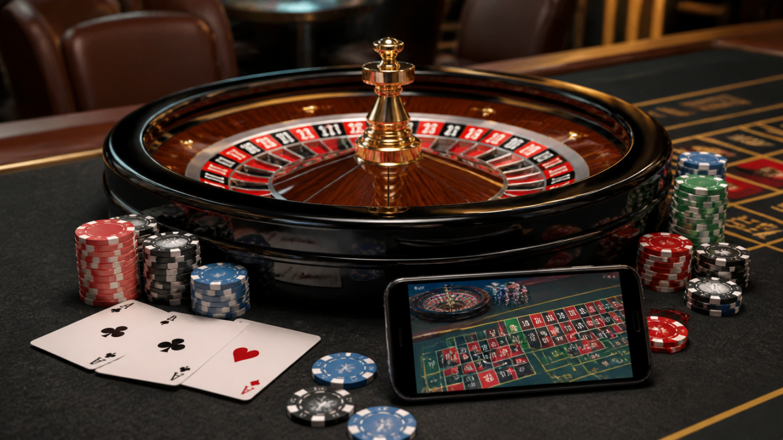 Online Casino Malaysia: A Practical Player’s Guide Casino table with chips, cards, and a smartphone showing online play