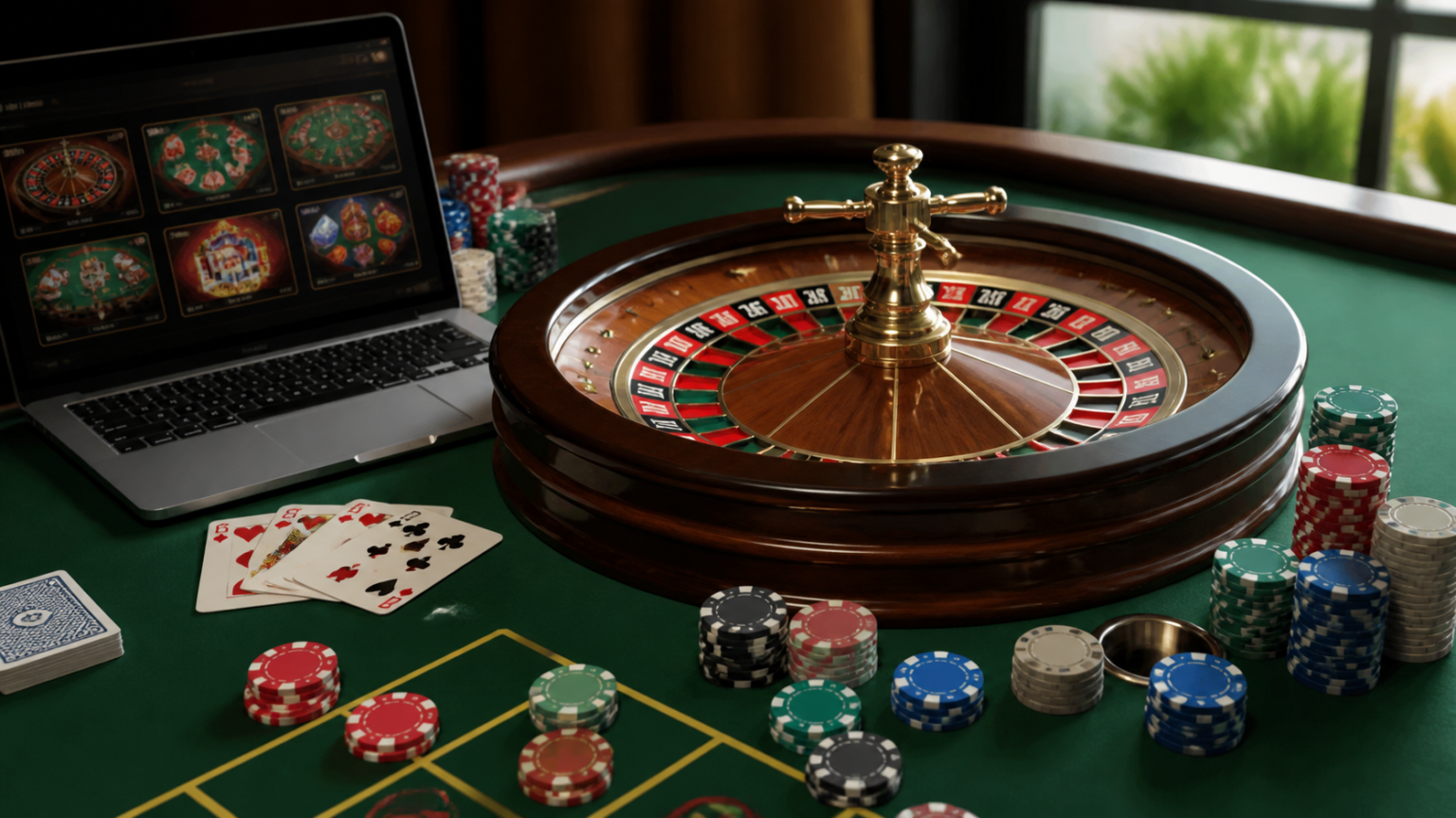 Malaysian online casino games on a laptop with cards, chips, and roulette wheel