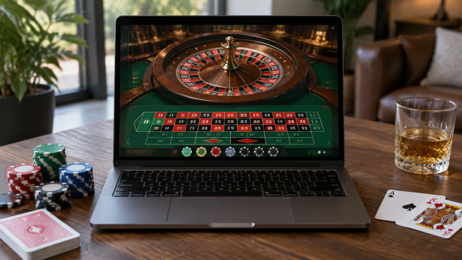 Singapore online casino: A Practical Guide for Players Laptop showing an online casino roulette game beside playing cards and casino chips