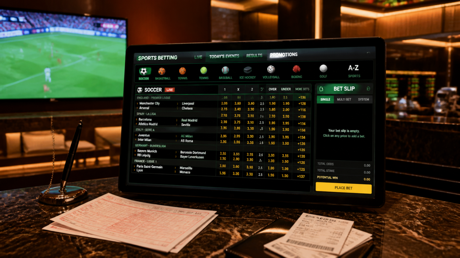 Sports betting odds screen with betting slips and football match display