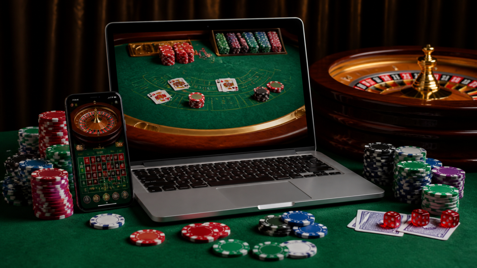Laptop showing an online casino game with chips and roulette wheel